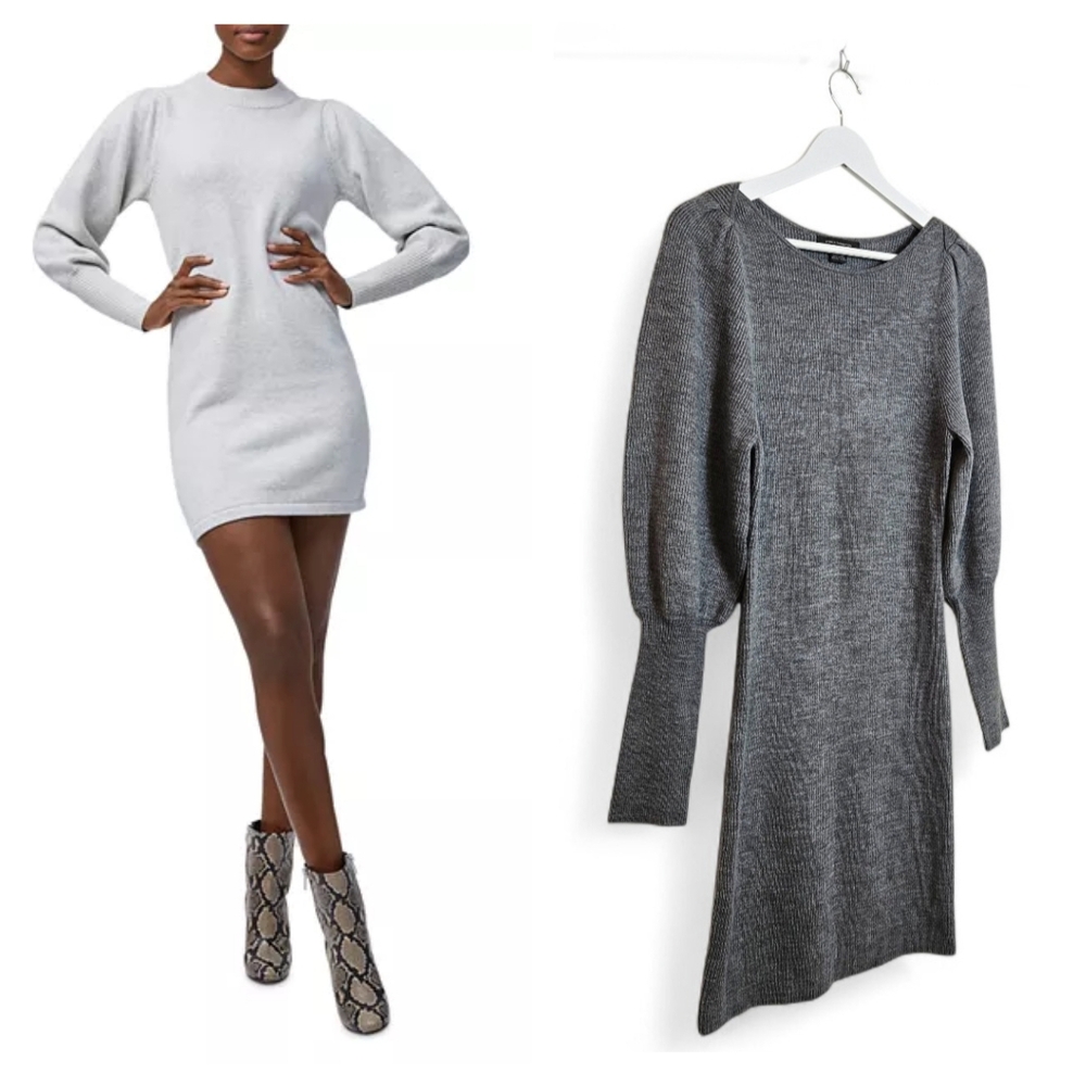 French Connection Gray Balloon Sleeve Sweater Dress Large Rib Knit Chic Cozy
